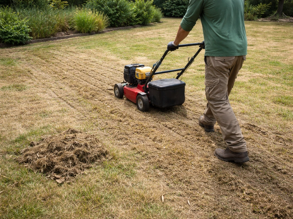 Un jardinier scarifie une pelouse clairsemée : sol rayé sur 1–2 cm et débris végétaux récupérés près de l’appareil.