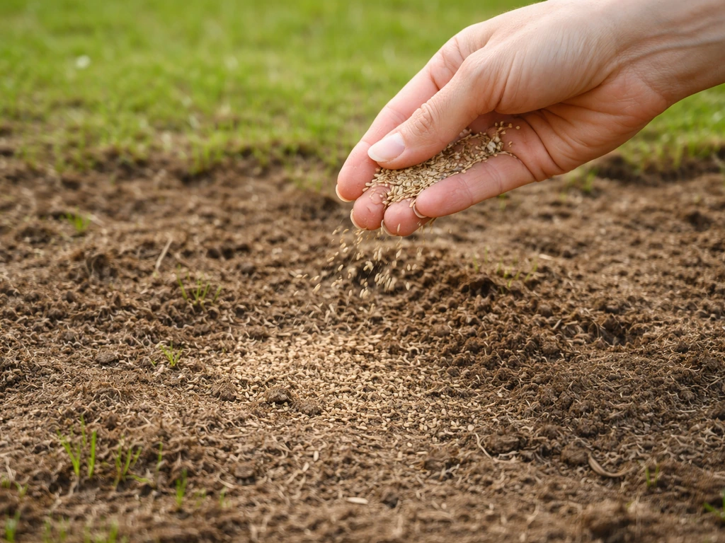Gazon regarni : main qui sème des graines sur une zone scarifiée, sol brun, jeunes pousses vertes en reprise.