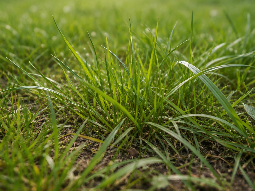 Gros plan de plusieurs graminées de pelouse aux textures distinctes, sur un sol humide, sans aucun texte.