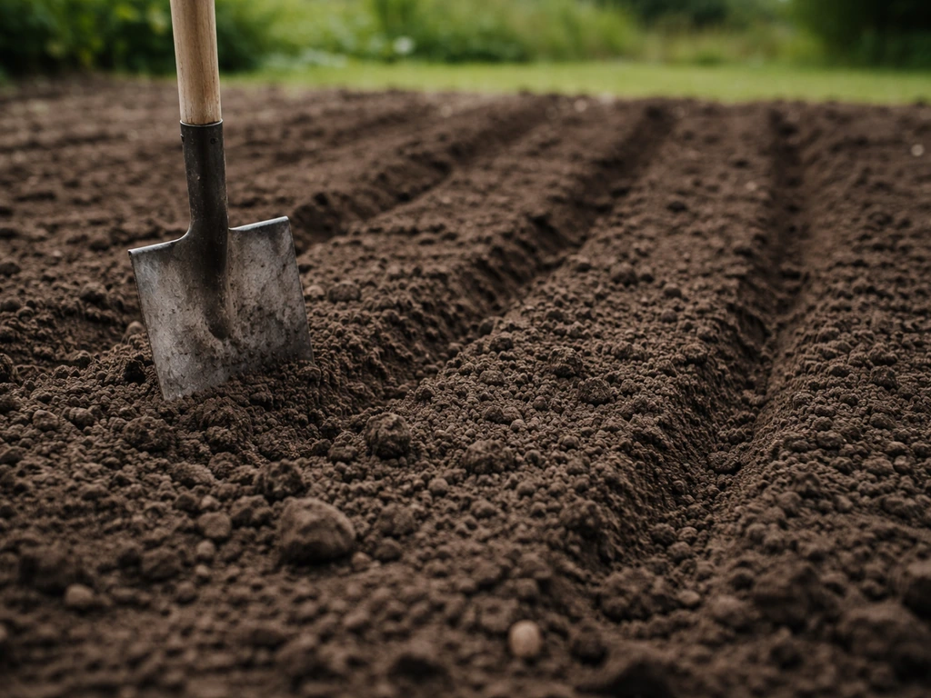 Terre de jardin émiettée et travaillée en profondeur, bêche plantée, sol prêt à recevoir les graines.