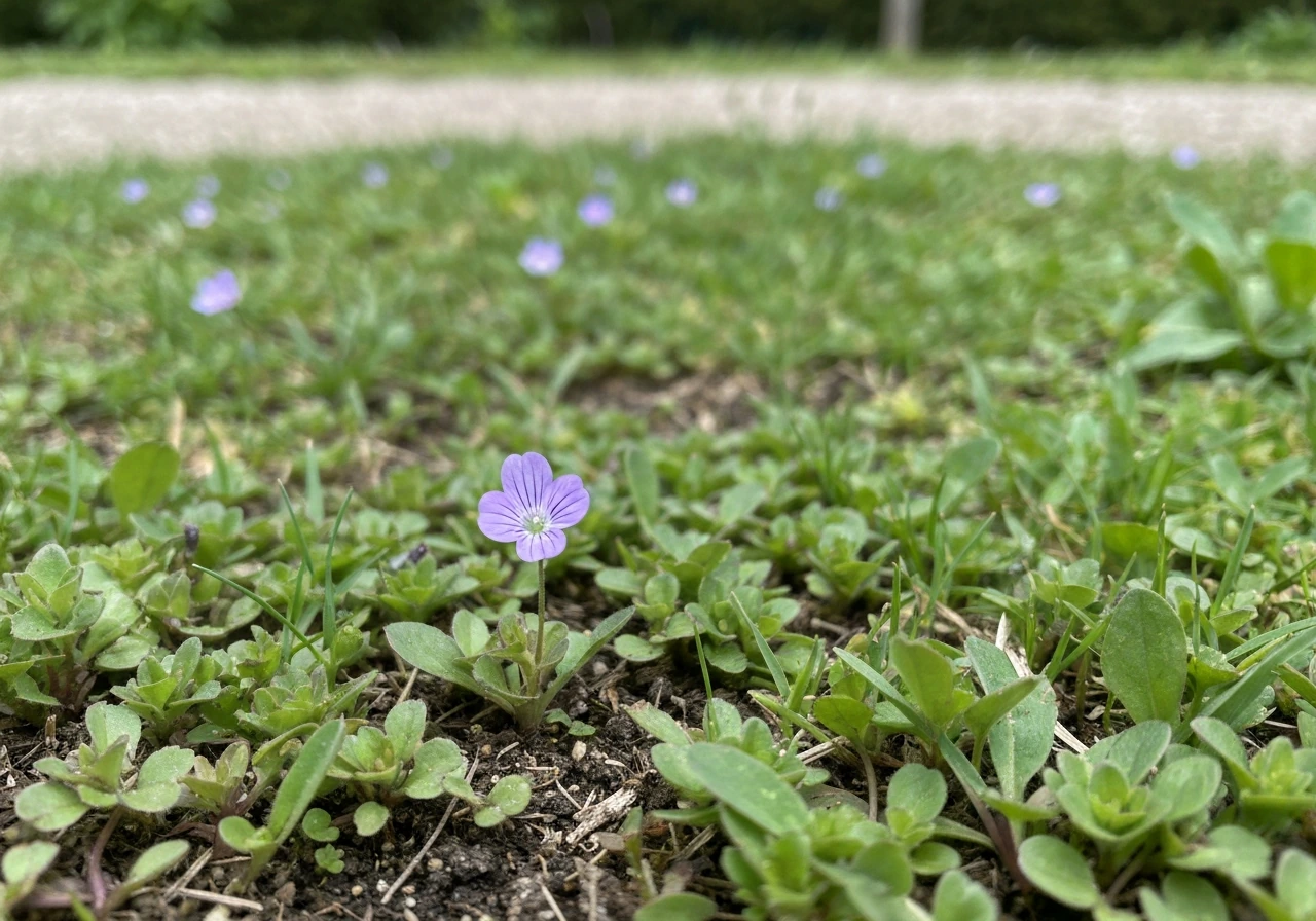 Gros plan d’une petite fleur violette dans une pelouse, avec arrière-plan de gazon légèrement flou.