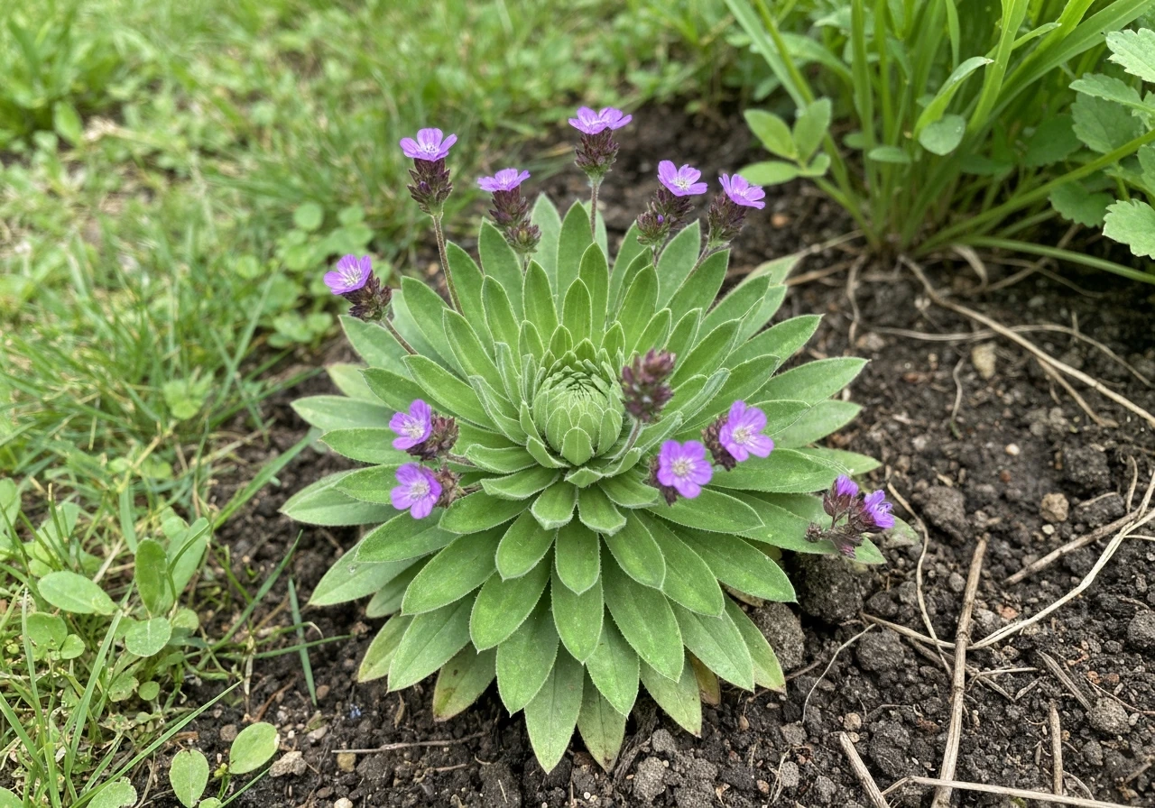 Gros plan d’une rosette de feuilles et de petites fleurs violettes au ras du gazon.