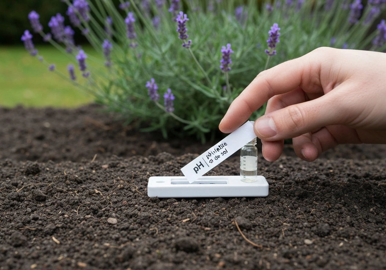 Test de pH du sol avec un kit près de fleurs violettes dans un jardin, lumière naturelle