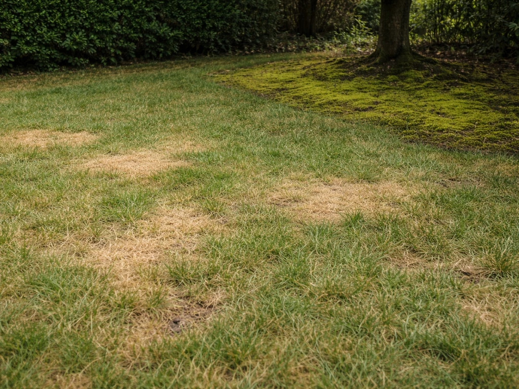 Pelouse avec zones jaunies malgré arrosage, et taches de mousse verte dans une zone ombragée.