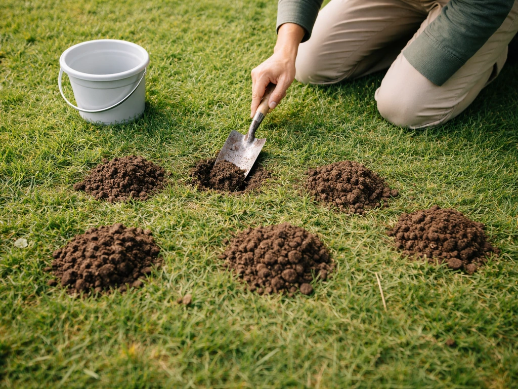 Petits prélèvements de terre à plusieurs points sur une pelouse, vue de dessus, avant mélange.