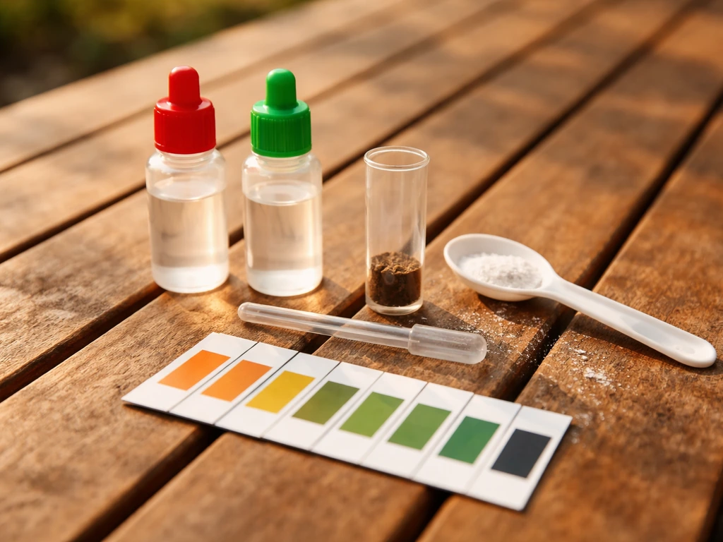 Kit de test pH du sol : flacons de réactif liquide et bandelettes pH sur une table en bois.