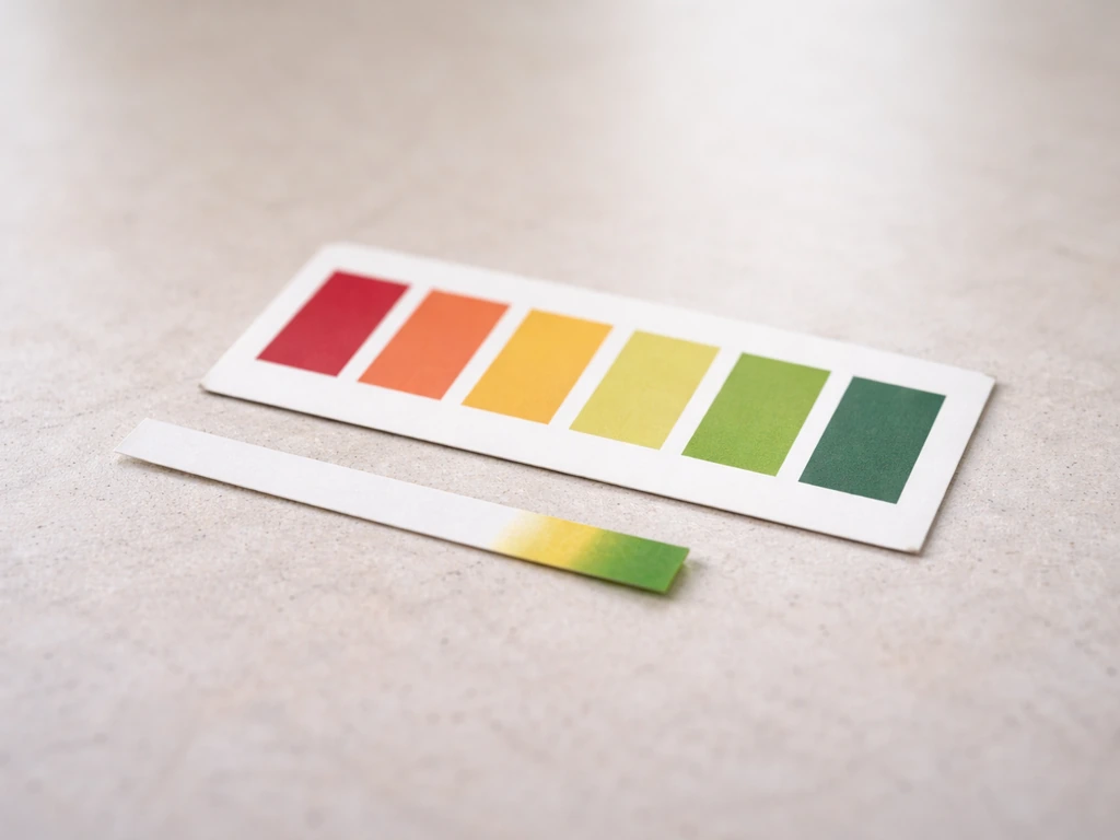 Bandelette de test de pH comparée à une échelle colorimétrique sur fond neutre.