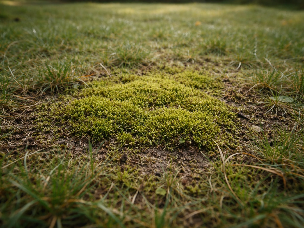 Mousse abondante sur le gazon, herbe ternie et humide, vue au ras du sol.