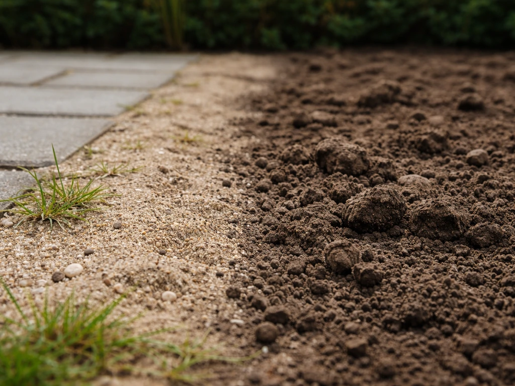 Détail d’un sol sableux clair près de pavés, avec un petit échantillon de sol plus sombre et argileux au jardin.