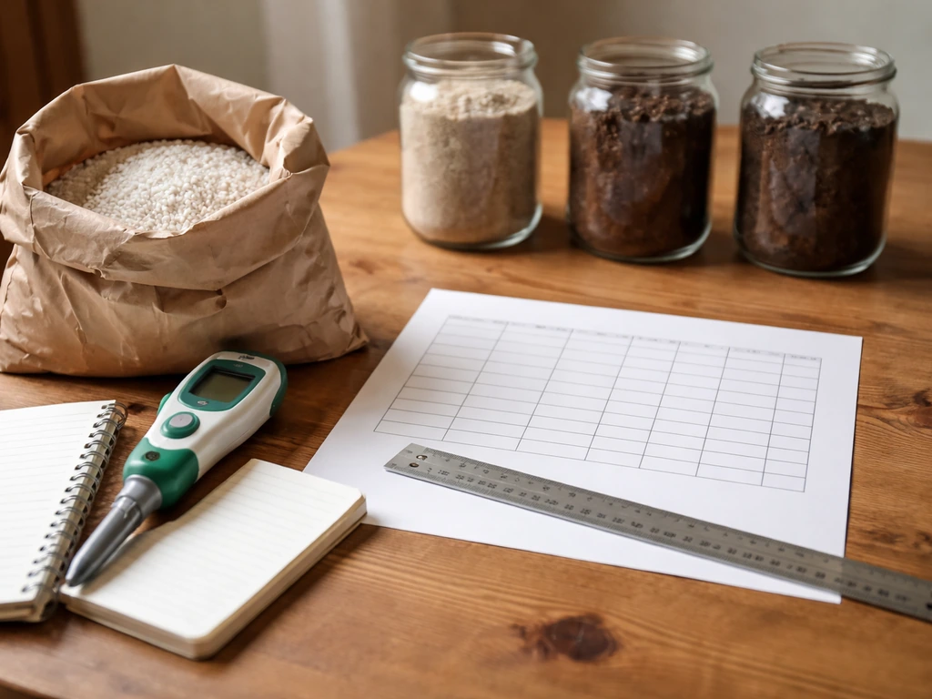 Table avec chaux, sonde de pH et pots de terre, illustrant comment calculer la dose selon le type de sol.