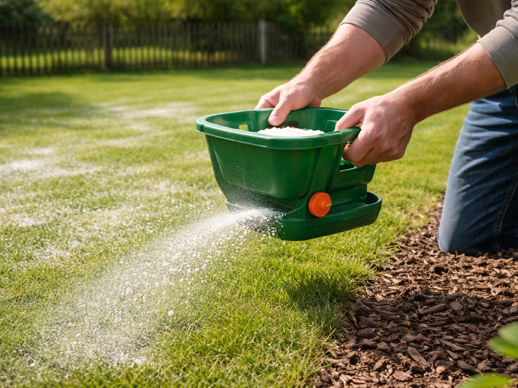 Main utilisant un épandeur sur une pelouse pour appliquer le calcaire, jardin résidentiel au naturel.