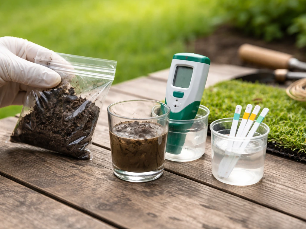Gant et échantillon de terre à côté d’un test de pH pour vérifier le sol d’un gazon.