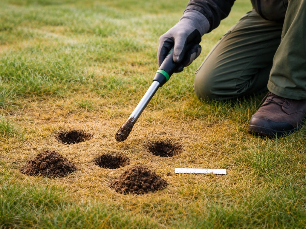 Mains d’un jardinier sur une pelouse jaunie : trois mini-prélèvements de sol et une sonde d’humidité près d’un repère.