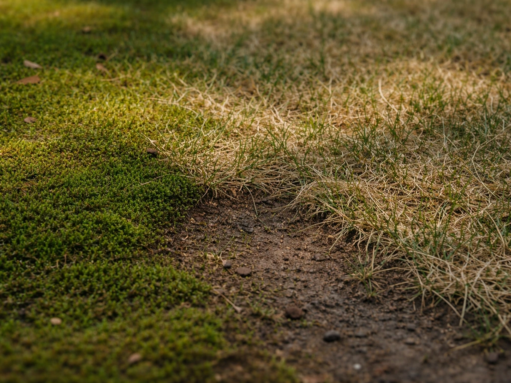 Mousse et gazon clairsemé avec zones grisâtres près d’une zone d’ombre, sol humide visible.
