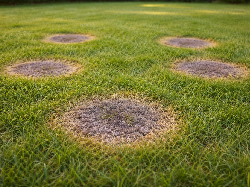 Gazon avec plusieurs taches circulaires gris/violacé et zones jaunissantes autour des plaques.