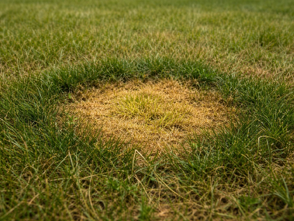 Tache jaune au centre de l’herbe avec un anneau vert foncé autour, causée par l’urine d’un animal.