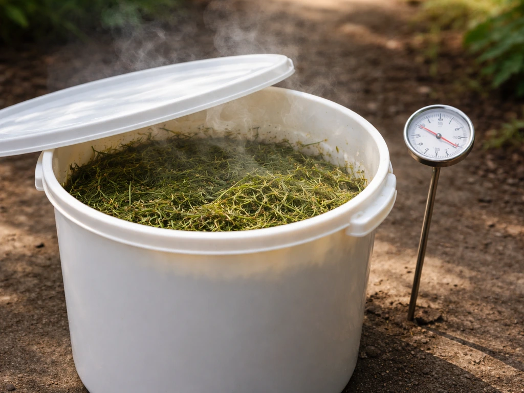 Récipient de fermentation à l’ombre avec couvercle entrouvert et thermomètre de jardin à côté.