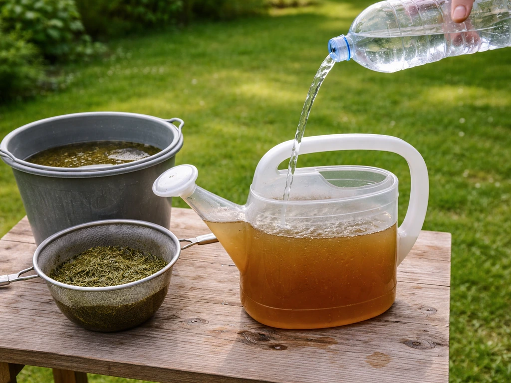 Arrosoir avec purin de gazon filtré, de l’eau ajoutée pour préparer une dilution d’environ 10 %.