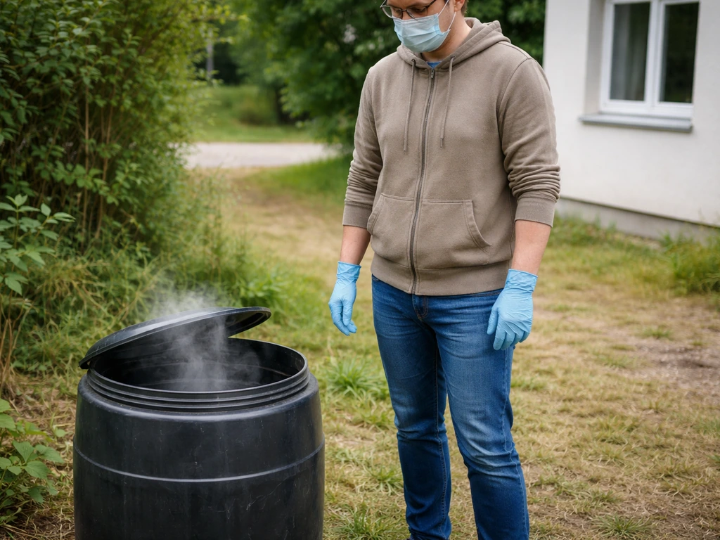 Personne en gants et masque près d’un bidon de purin de gazon fermentant, loin des fenêtres et zones de passage.