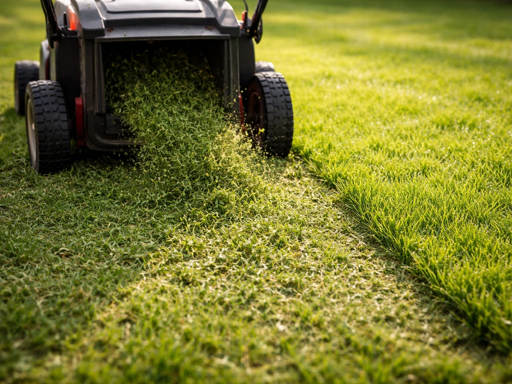 Tondeuse en action, brins d’herbe finement hachés laissés sur une pelouse verte, effet paillage naturel.
