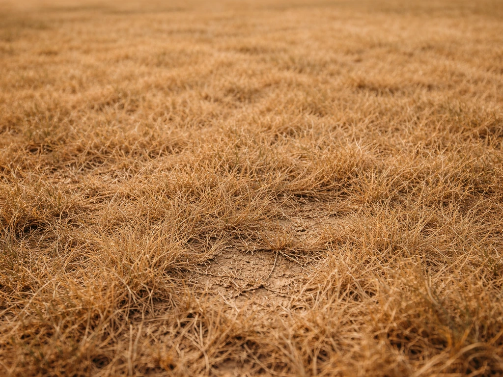 Plan rapproché d’une pelouse uniforme jaune paille, herbe terne, sol légèrement sec, ambiance d’été chaud.