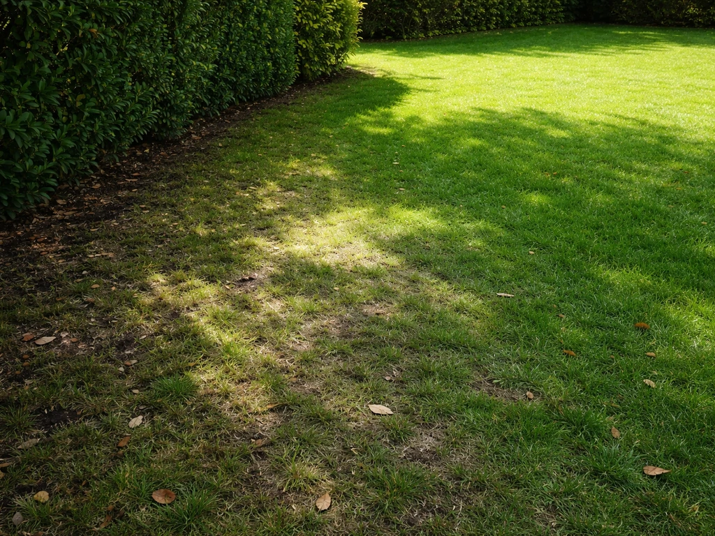 Pelouse plus claire et clairsemée sous l’ombre d’un arbre, plus dense et verte en zone éclairée.