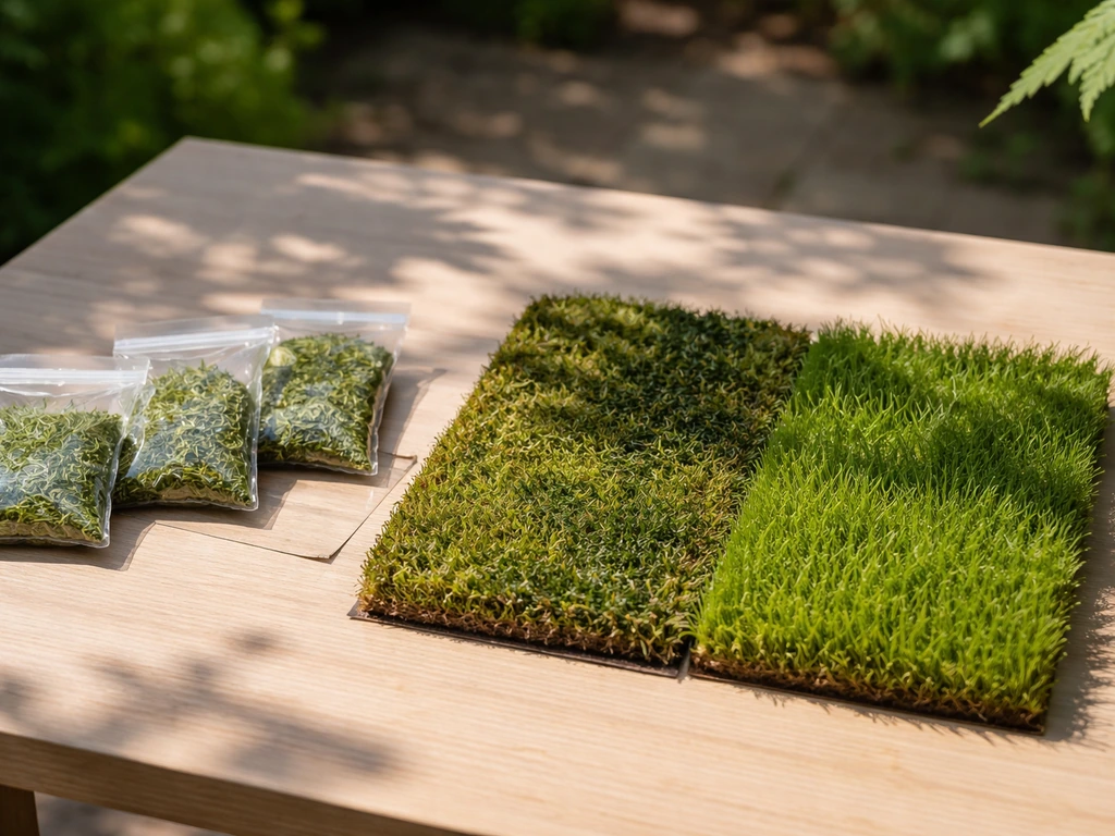 Échantillons de brins d’herbe et un petit tapis de gazon montrant une densité différente selon l’ombre.