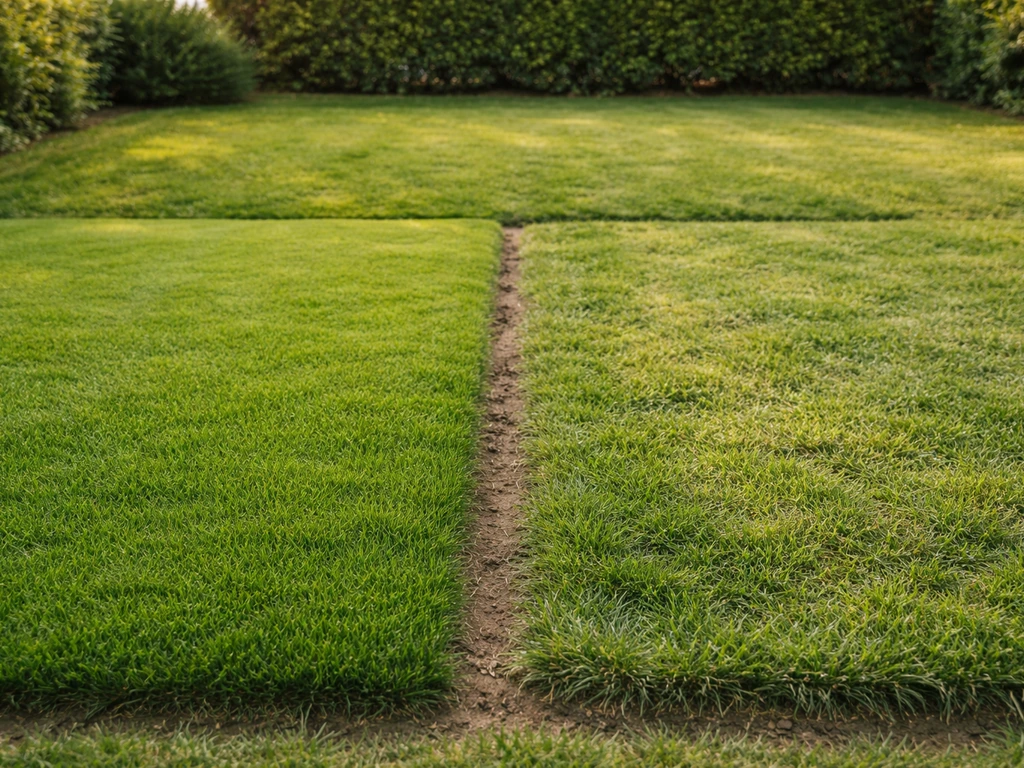 Deux petites pelouses côte à côte : décorative à gauche, plus robuste pour le piétinement à droite.