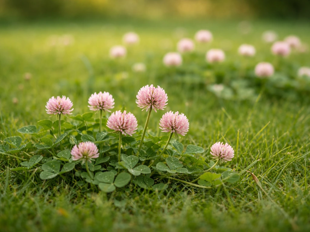 Trèfle fraise aux fleurs roses dans une pelouse, avec d’autres trèfles en arrière-plan pour comparer.