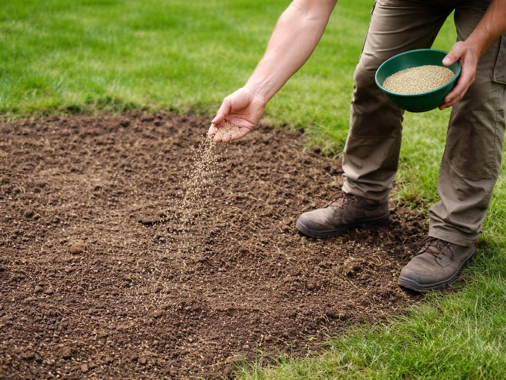 Un jardinier épand des graines de gazon sur une pelouse scarifiée, terre humide et herbe autour.