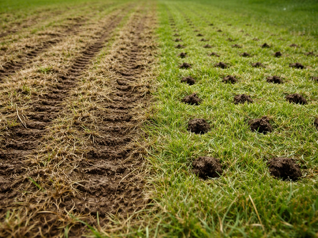 Pelouse en deux zones : scarification à gauche et aération par trous à droite.