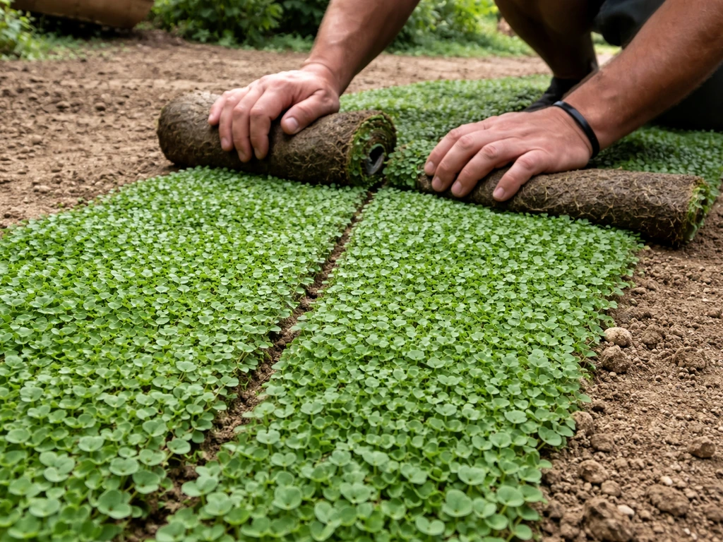 Pose de rouleaux de dichondra : bandes vertes prêtes à poser, jointures alignées et sol soigneusement préparé.