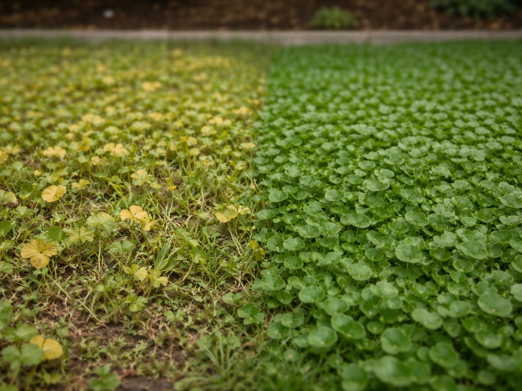 Tapis de dichondra avec une zone jaunie à côté d’une zone verte saine, photo de diagnostic au sol.