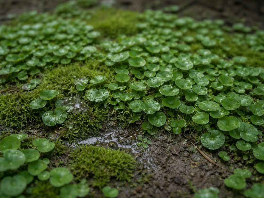 Gros plan d’un tapis de dichondra avec mousse verdâtre et zones humides indiquant un excès d’humidité.