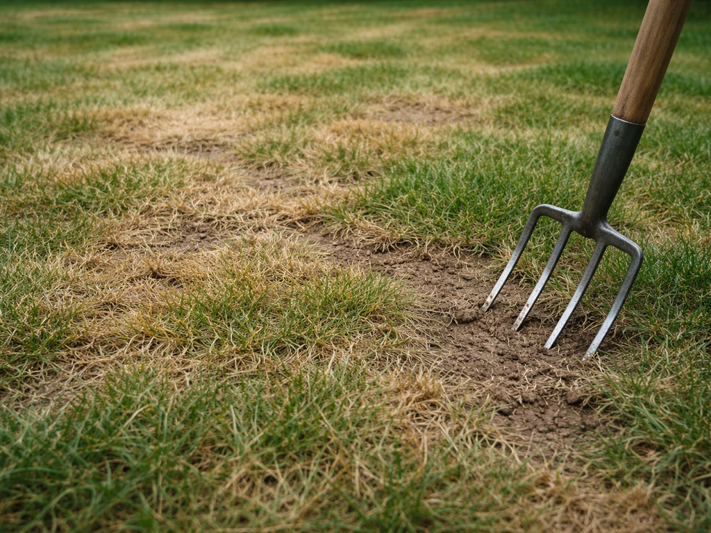 Gros plan d’une pelouse jaunie et brunie avec une fourche-bêche posée à côté, pour inspecter le sol.