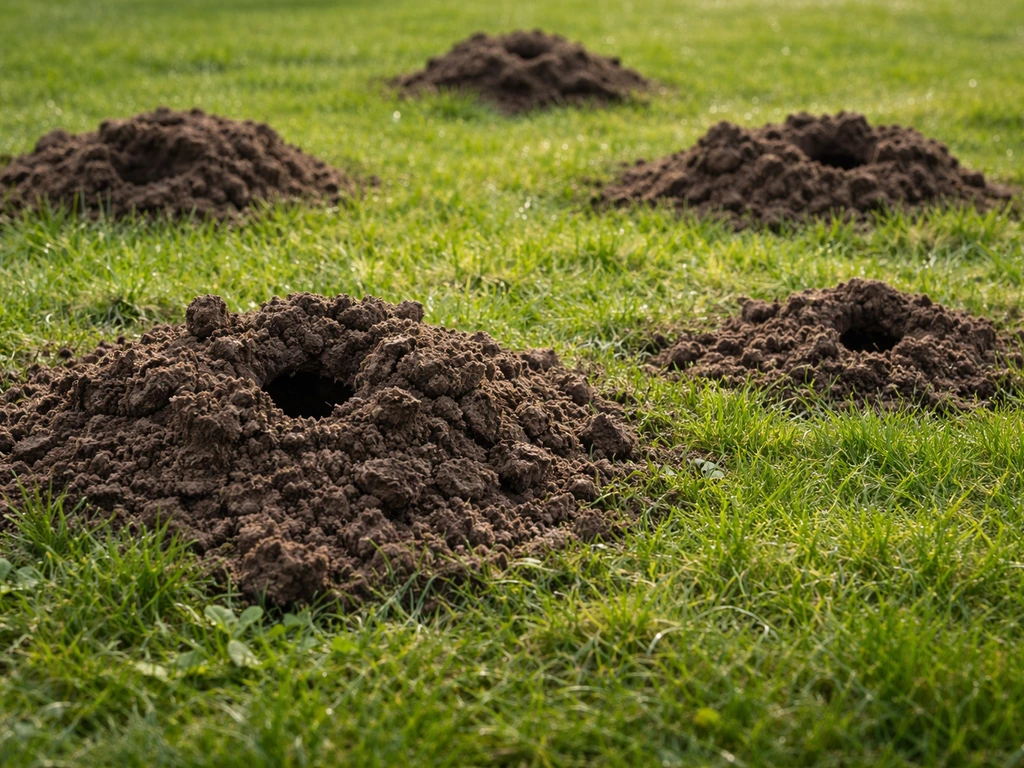 Monticules irréguliers et trous de taupe dans une pelouse, montrant le relief par rapport au sol environnant.