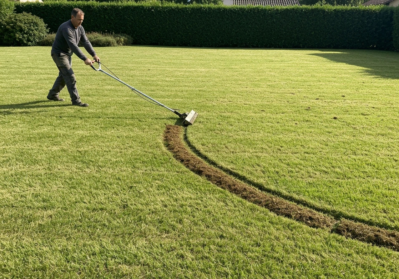 Aérateur à griffes tiré sur une pelouse, feutrage légèrement visible près de la zone travaillée.