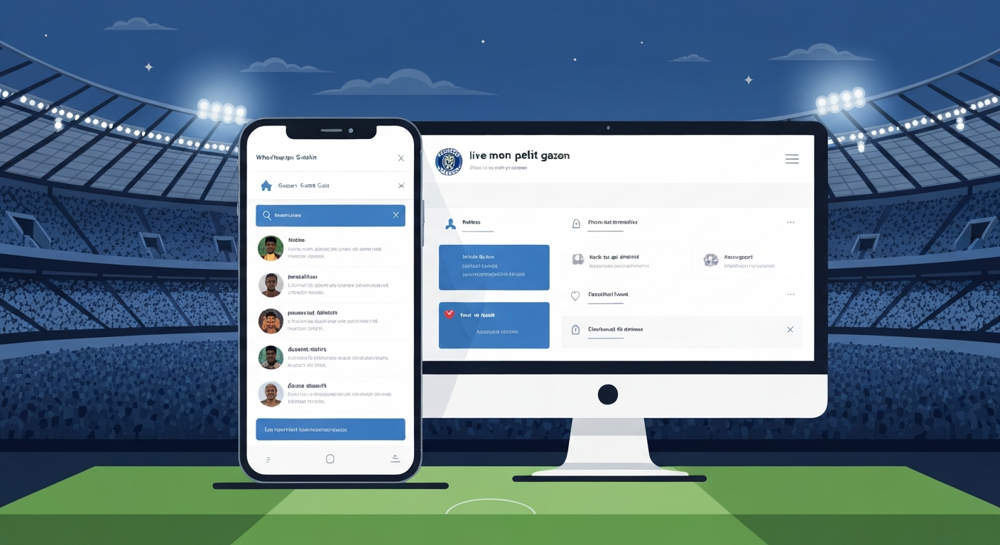 Smartphone et écran d'ordinateur montrant l'interface live fictive de Mon Petit Gazon : notes qui s'actualisent, score du duel et notification push, fond flou d'un stade de Ligue 1.