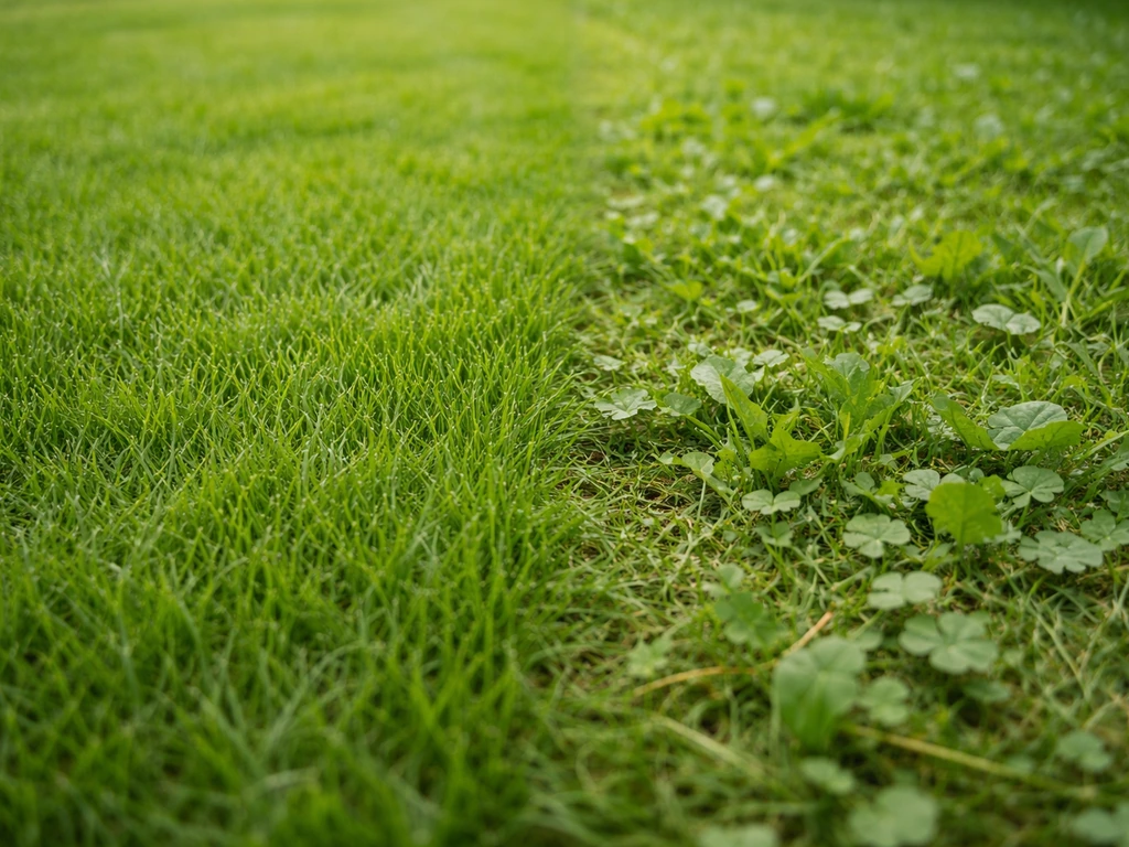 Vue rapprochée d’une pelouse montrant des brins fins de gazon semé face à des herbes spontanées aux feuilles irrégulière
