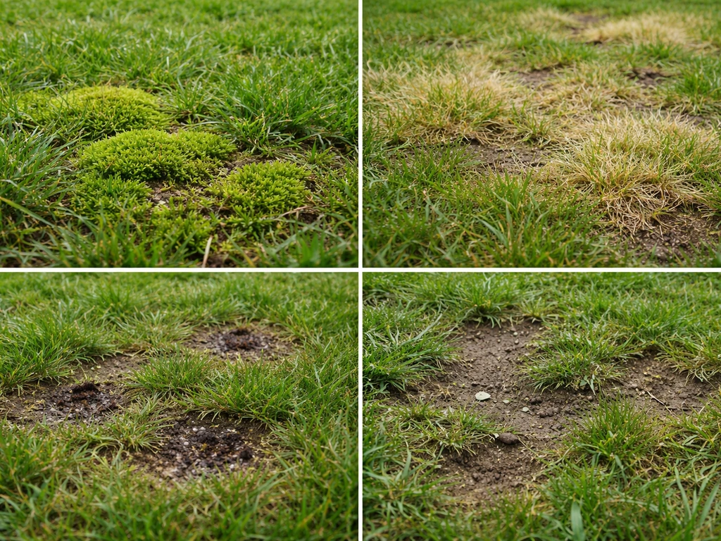 Collage photo minimal montrant mousse verte, jaunissement, petites taches de champignons et trous dans une pelouse