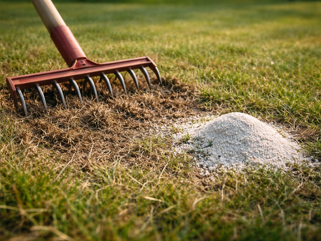 Scarification d’une pelouse, puis épandage de chaux près du sol pour lutter contre mousse et feutrage