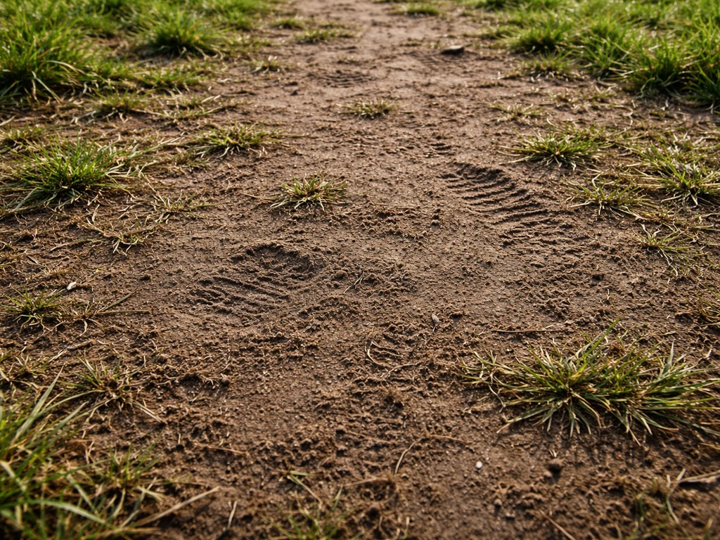 Vue au sol d’une pelouse tassée, terre compacte et traces de pas, lumière naturelle.