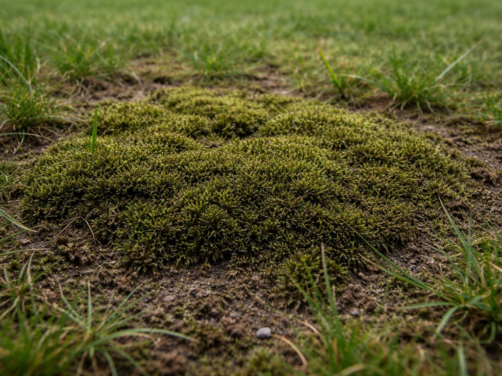 Gros plan sur une zone de mousse dans une pelouse, sol sombre et compact, texture feutrée visible.