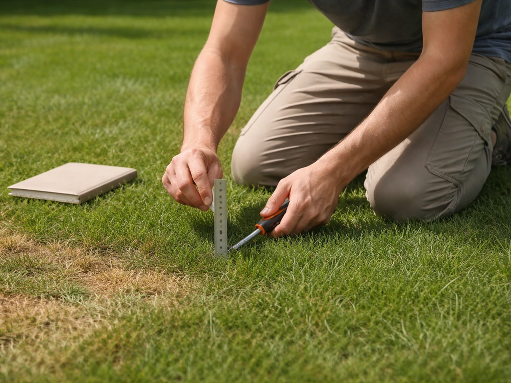 Sur une pelouse, une personne inspecte des zones à problèmes avec une règle et un petit outil de coupe.