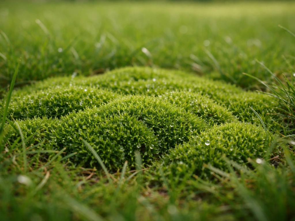 Gros plan sur une mousse verte spongieuse dans une pelouse, avec de l’herbe visible autour