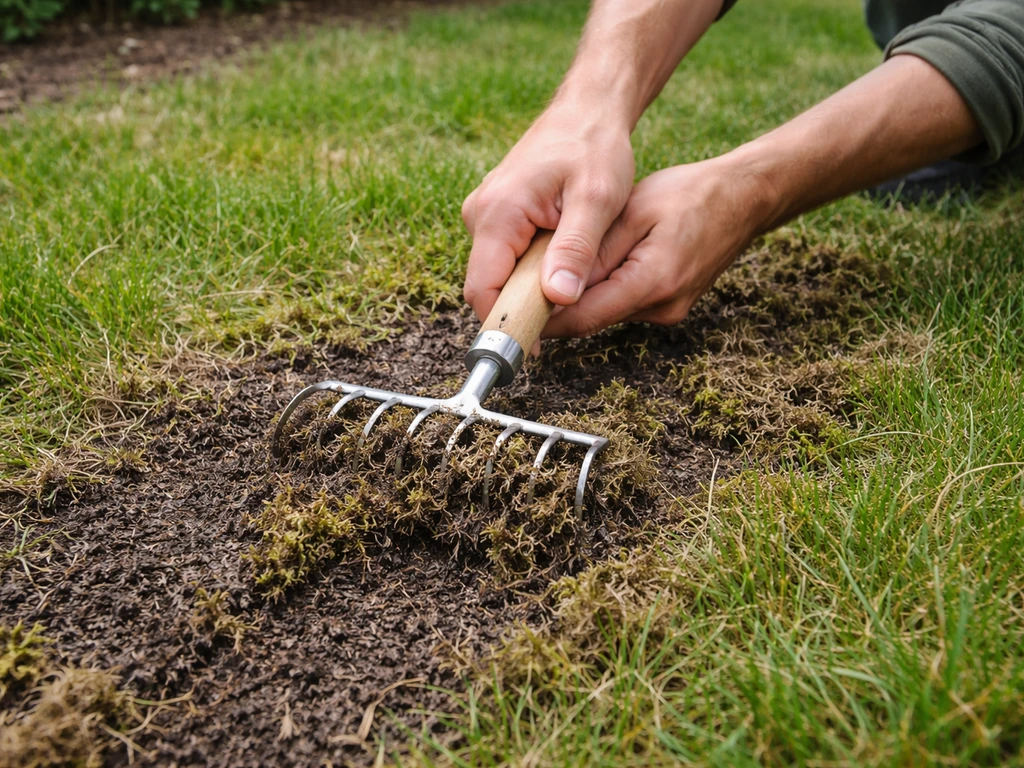 Gazon scarifié à la main : râteau qui retire le feutre noirâtre et la mousse en surface