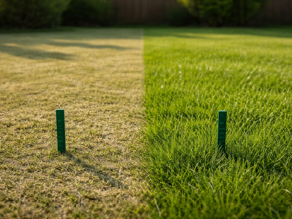 Pelouse divisée en deux zones : tonte trop courte à gauche, hauteur correcte à droite, repère de hauteur visuel.