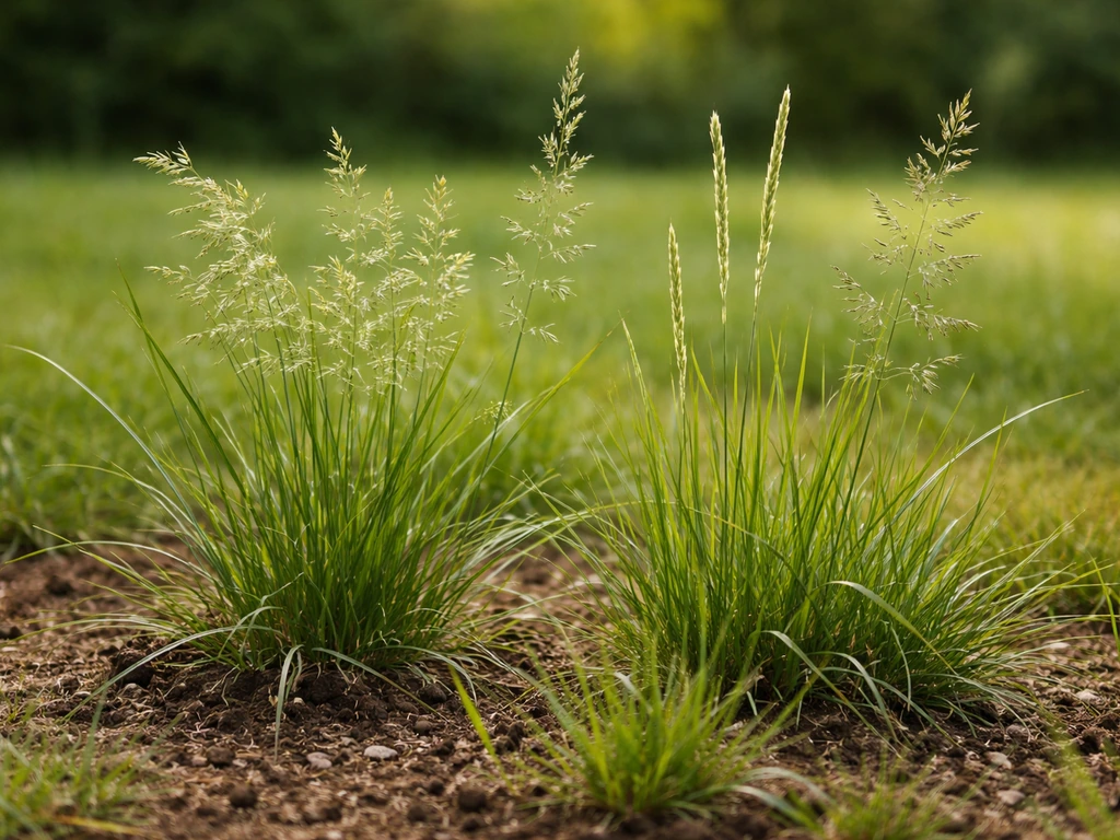 Gros plan de brins de fétuque élevée, ray-grass et pâturin sur un sol naturel, lumière naturelle.