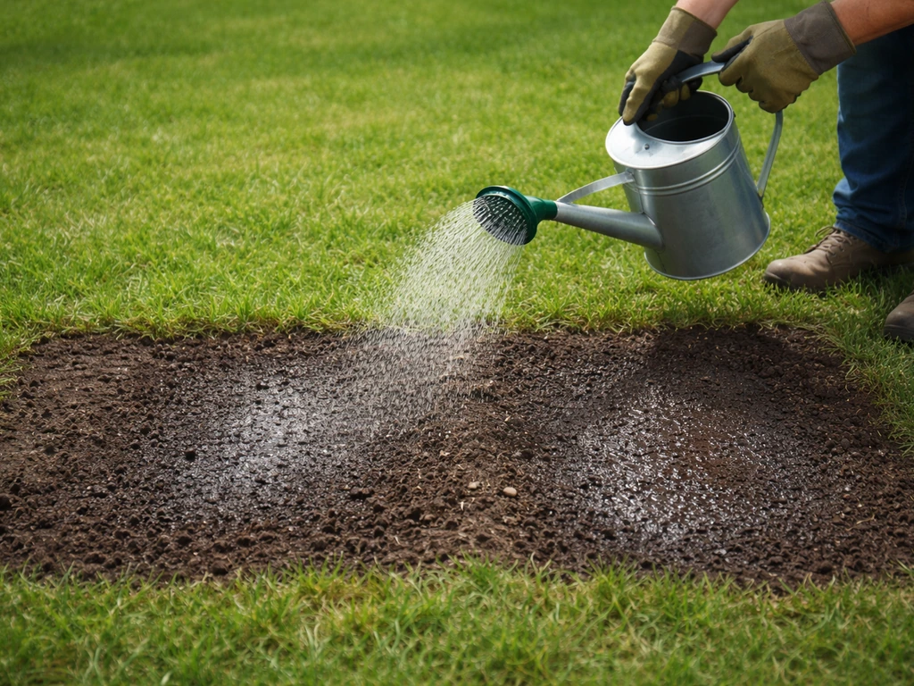 Mains arrosant le gazon : humidité en surface à gauche, sol plus profondément humide à droite.
