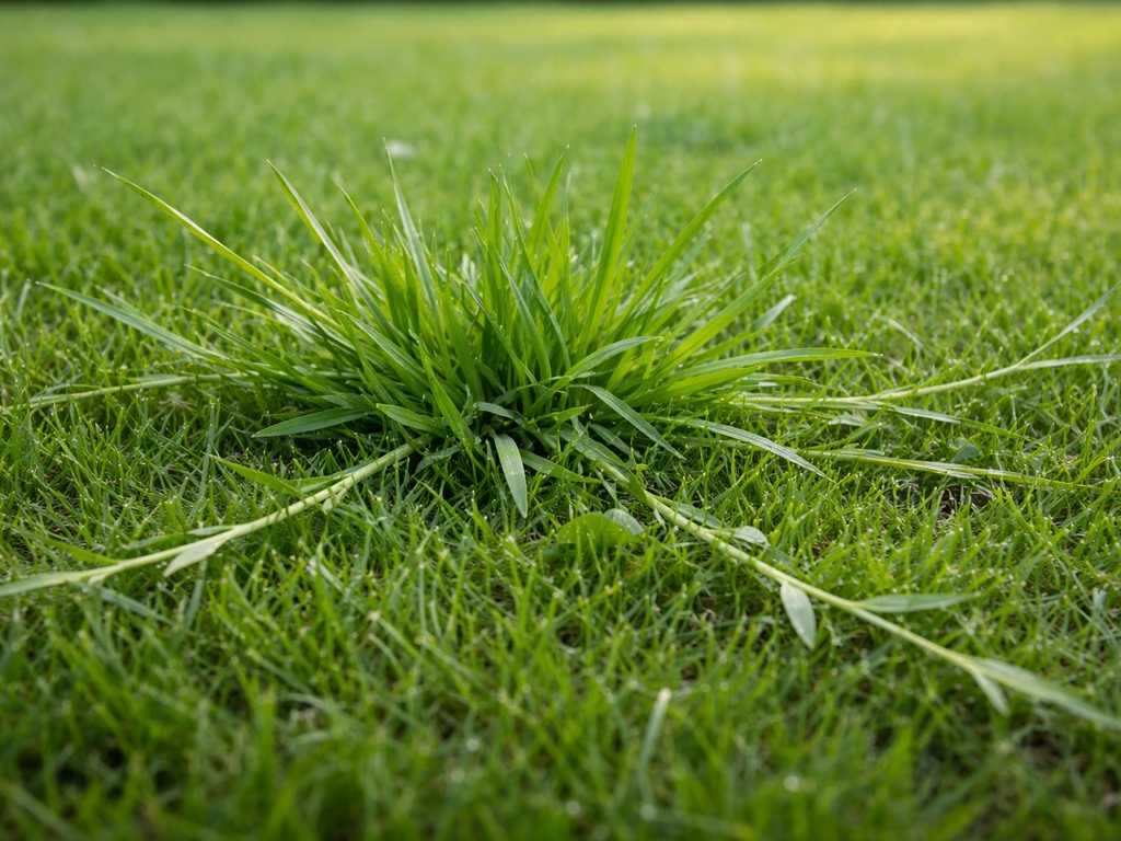 Gros plan de graminées indésirables dans une pelouse, touffes et brins traçants entre l’herbe.